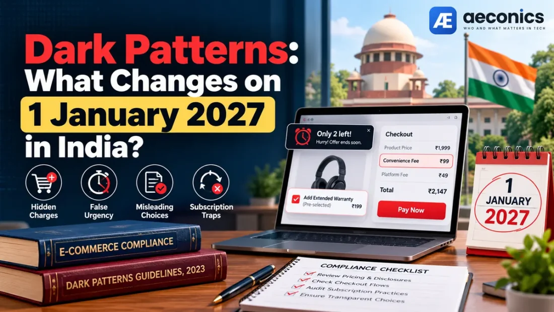 Dark patterns compliance changes in India from 1 January 2027, featuring Aeconics branding